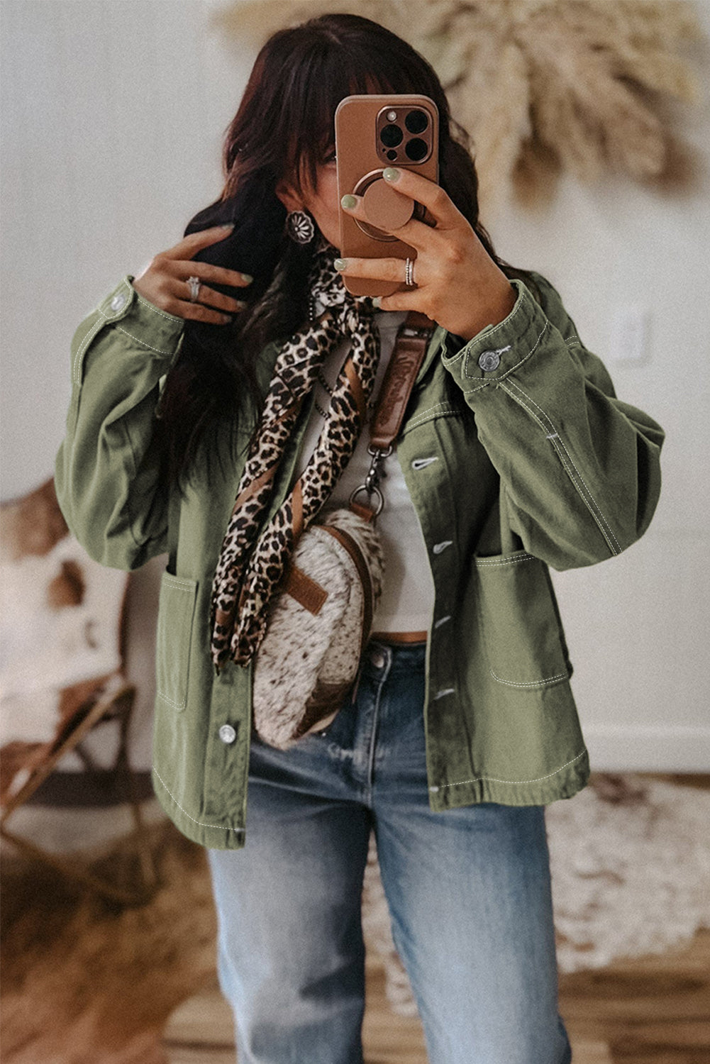 Smoke Green Patched Pocket Collared Button Front Boyfriend Denim Jacket-Outerwear/Denim jackets-[Adult]-[Female]-2022 Online Blue Zone Planet