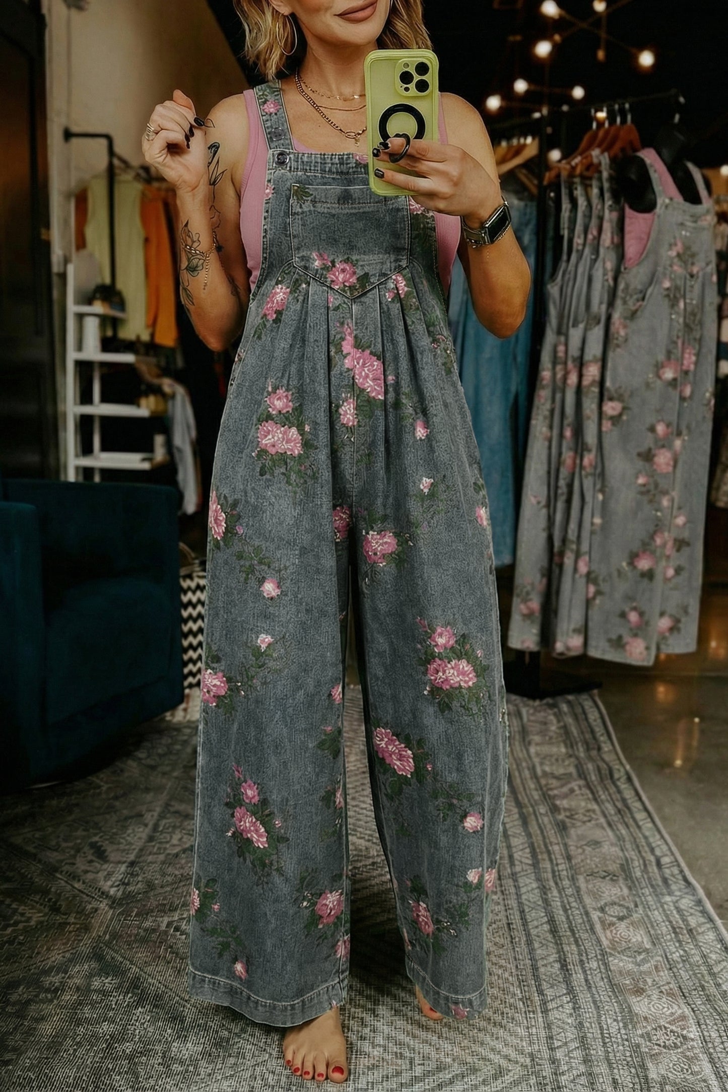 Blue Beau Floral Print Pleated High Waist Wide Leg Denim Jumpsuit-Bottoms/Jumpsuits & Rompers-[Adult]-[Female]-Gray-S-2022 Online Blue Zone Planet