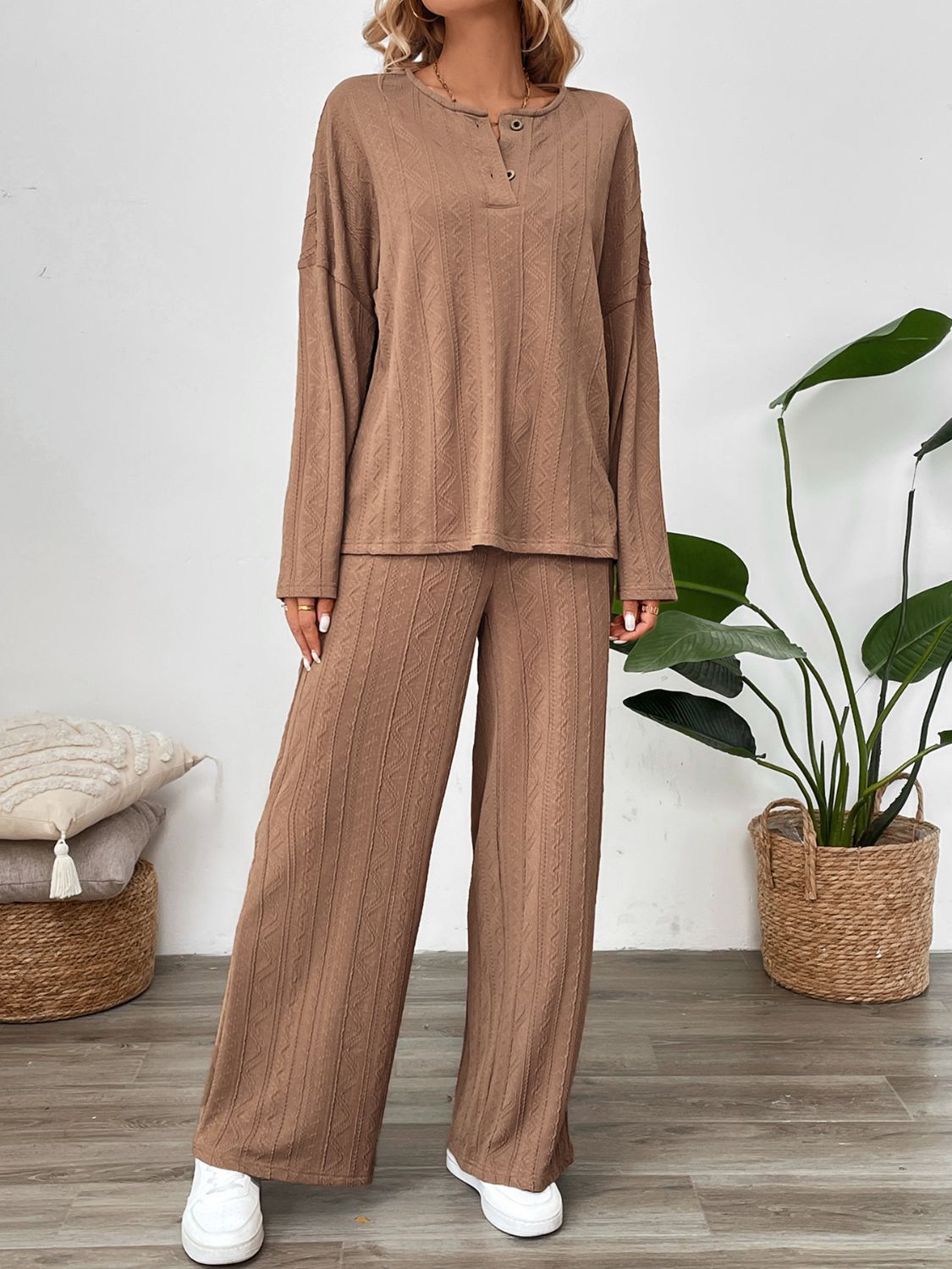 Perfee Quarter Button Long Sleeve Top and Pants Set-TOPS / DRESSES-[Adult]-[Female]-Camel-S-2022 Online Blue Zone Planet