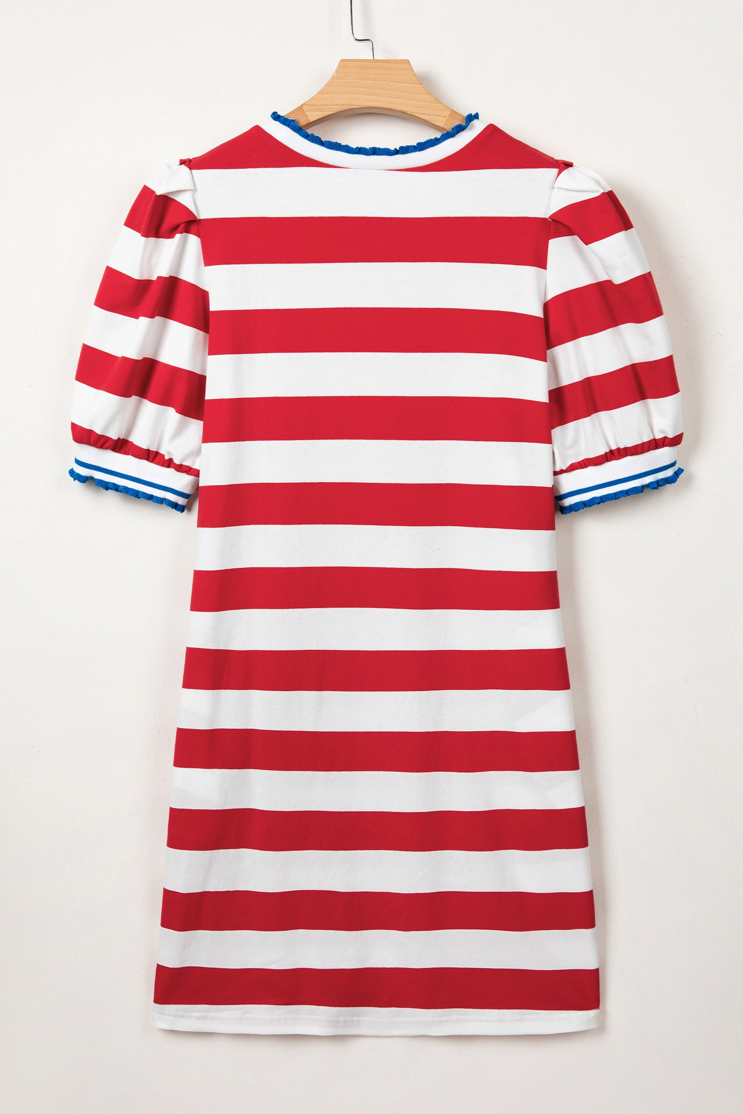 Blue Stripe Contrast Trim Round Neck Short Puff Sleeve Shift Mini Dress-TOPS / DRESSES-[Adult]-[Female]-2022 Online Blue Zone Planet