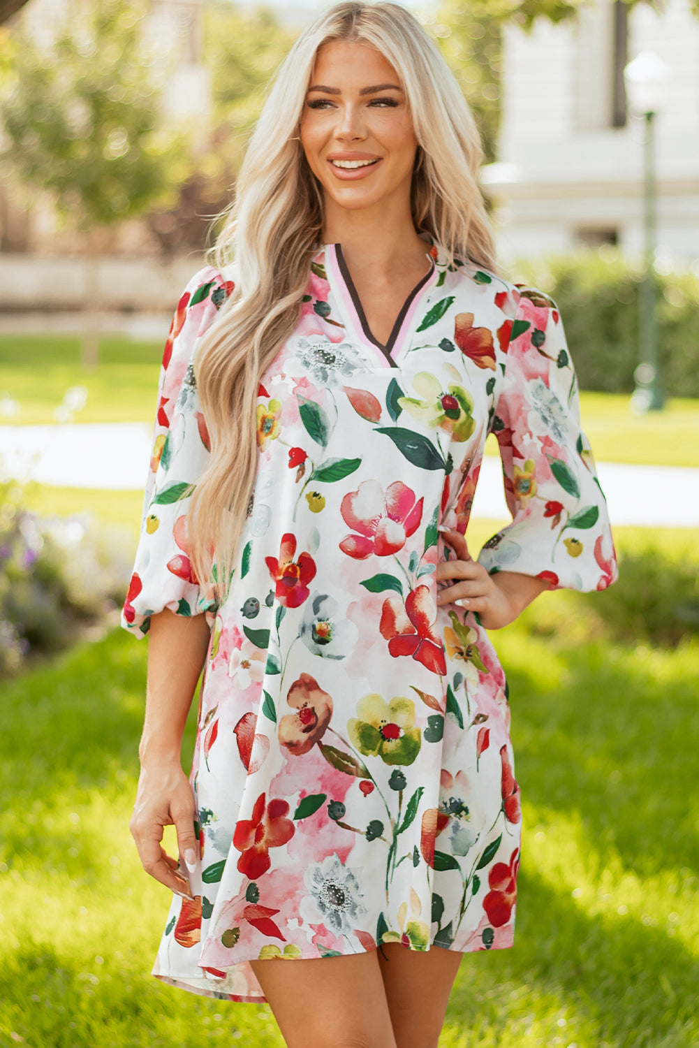 Red Floral Contrast Striped V Neck Puff Half Sleeve Shift Dress-TOPS / DRESSES-[Adult]-[Female]-2022 Online Blue Zone Planet