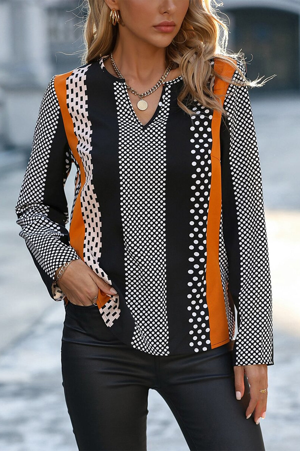 Orange Geo Print Colorblock Notched V Neck Blouse-Tops/Blouses & Shirts-[Adult]-[Female]-2022 Online Blue Zone Planet