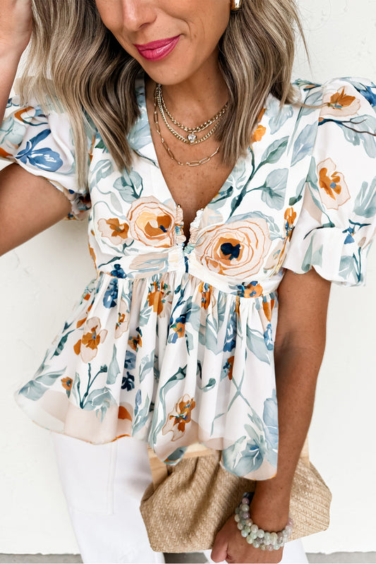 Green Floral Print Puff Sleeve V Neck Babydoll Blouse-Tops/Blouses & Shirts-[Adult]-[Female]-Green-S-2022 Online Blue Zone Planet