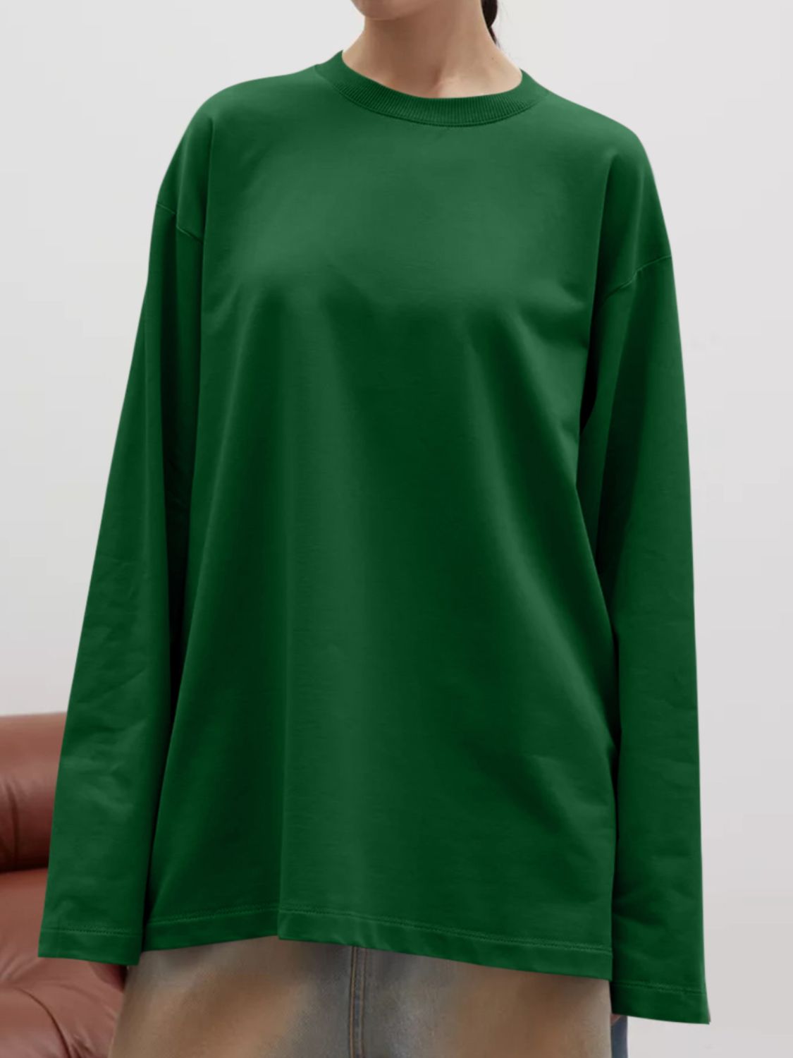 Round Neck Dropped Shoulder Long Sleeve T-Shirt-TOPS / DRESSES-[Adult]-[Female]-Dark Green-S-2022 Online Blue Zone Planet