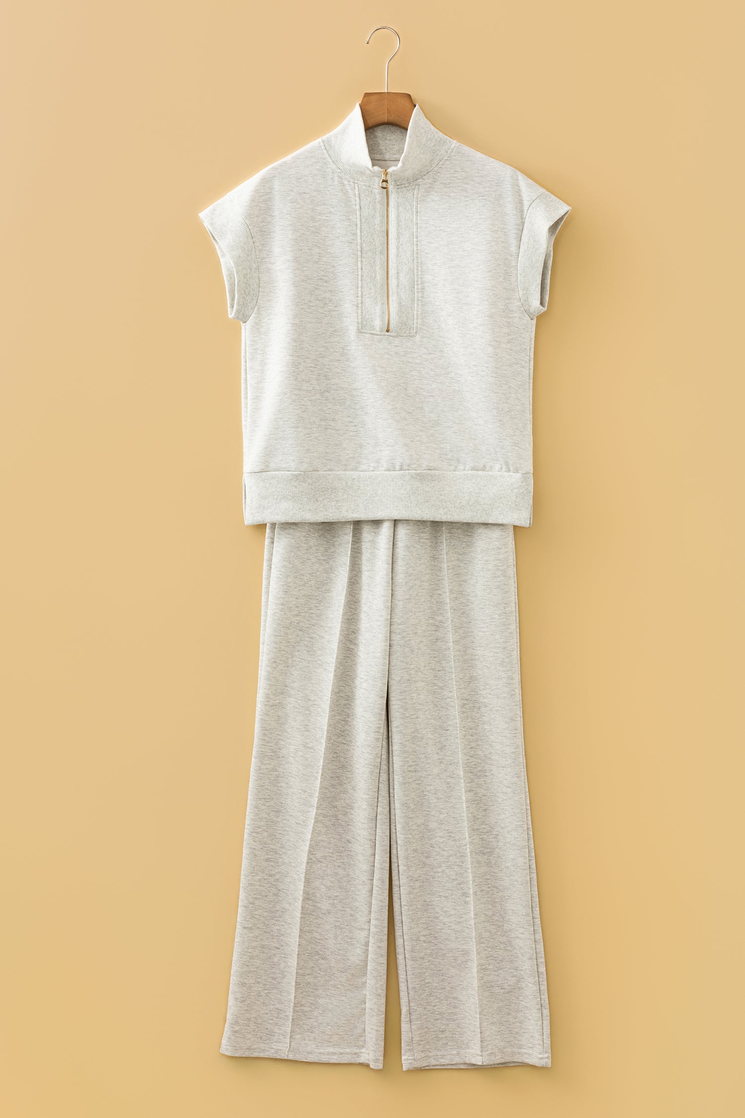Light Grey Half Zip Polo Tee Casual Pant Set-Two Piece Sets/Pant Sets-[Adult]-[Female]-2022 Online Blue Zone Planet