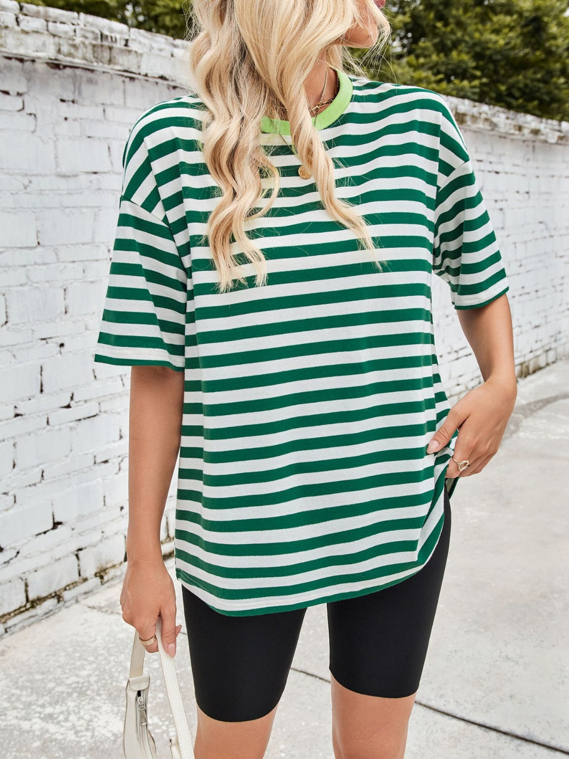 Lovelet Striped Round Neck Half Sleeve T-Shirt-TOPS / DRESSES-[Adult]-[Female]-Dark Green-S-2022 Online Blue Zone Planet