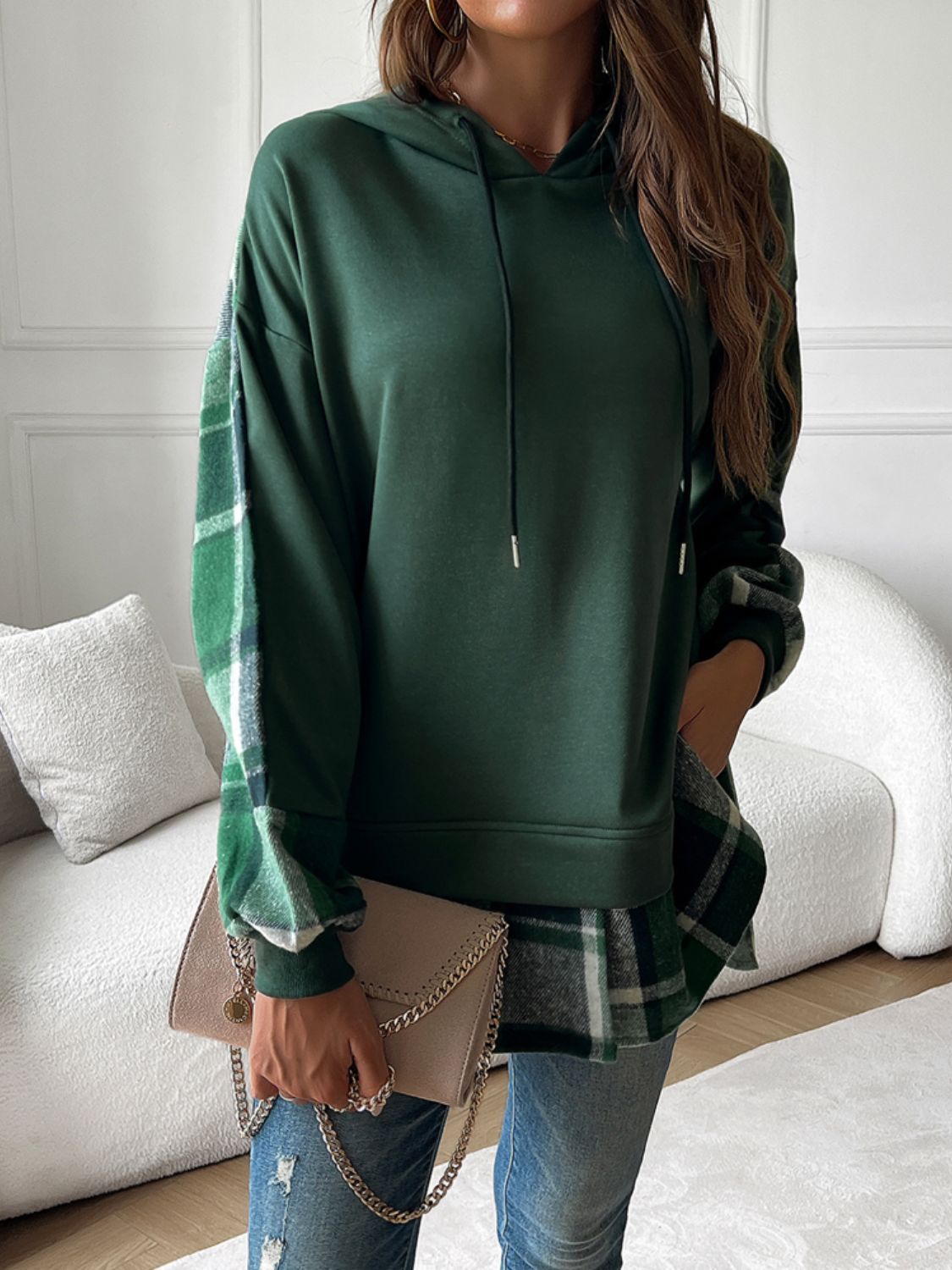 Devine Drawstring Plaid Long Sleeve Hoodie-TOPS / DRESSES-[Adult]-[Female]-2022 Online Blue Zone Planet