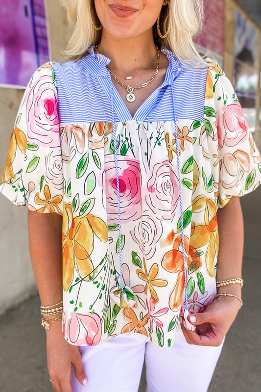 Multicolour Floral Print Striped Yoke Frilled V Neck Puff Short Sleeve Blouse-Tops/Blouses & Shirts-[Adult]-[Female]-Multicolour-S-2022 Online Blue Zone Planet