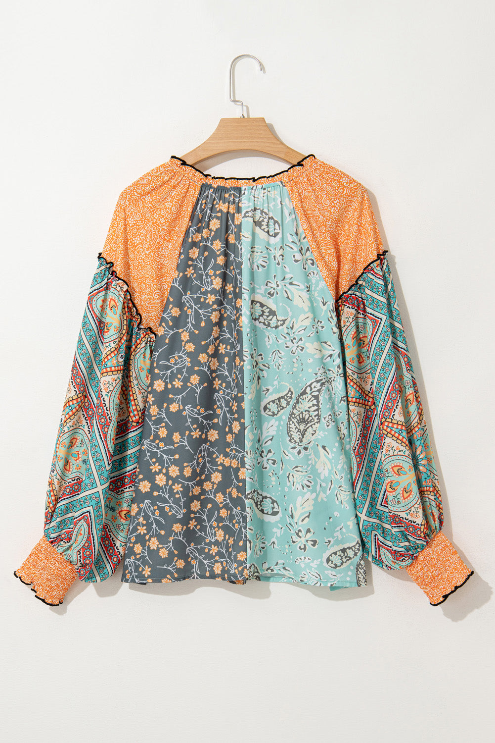 Green Floral Patchwork V Neck Lantern Sleeve Plus Size Blouse-Plus Size Tops-[Adult]-[Female]-2022 Online Blue Zone Planet