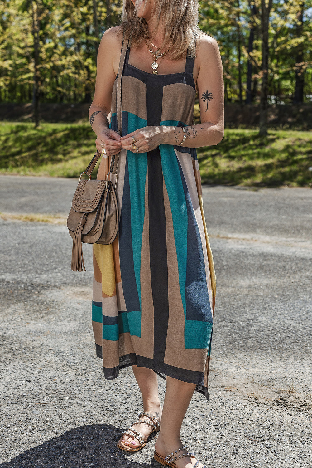 Brown Retro Geometric Printed Y Back Sleeveless Dress-Dresses/Maxi Dresses-[Adult]-[Female]-2022 Online Blue Zone Planet