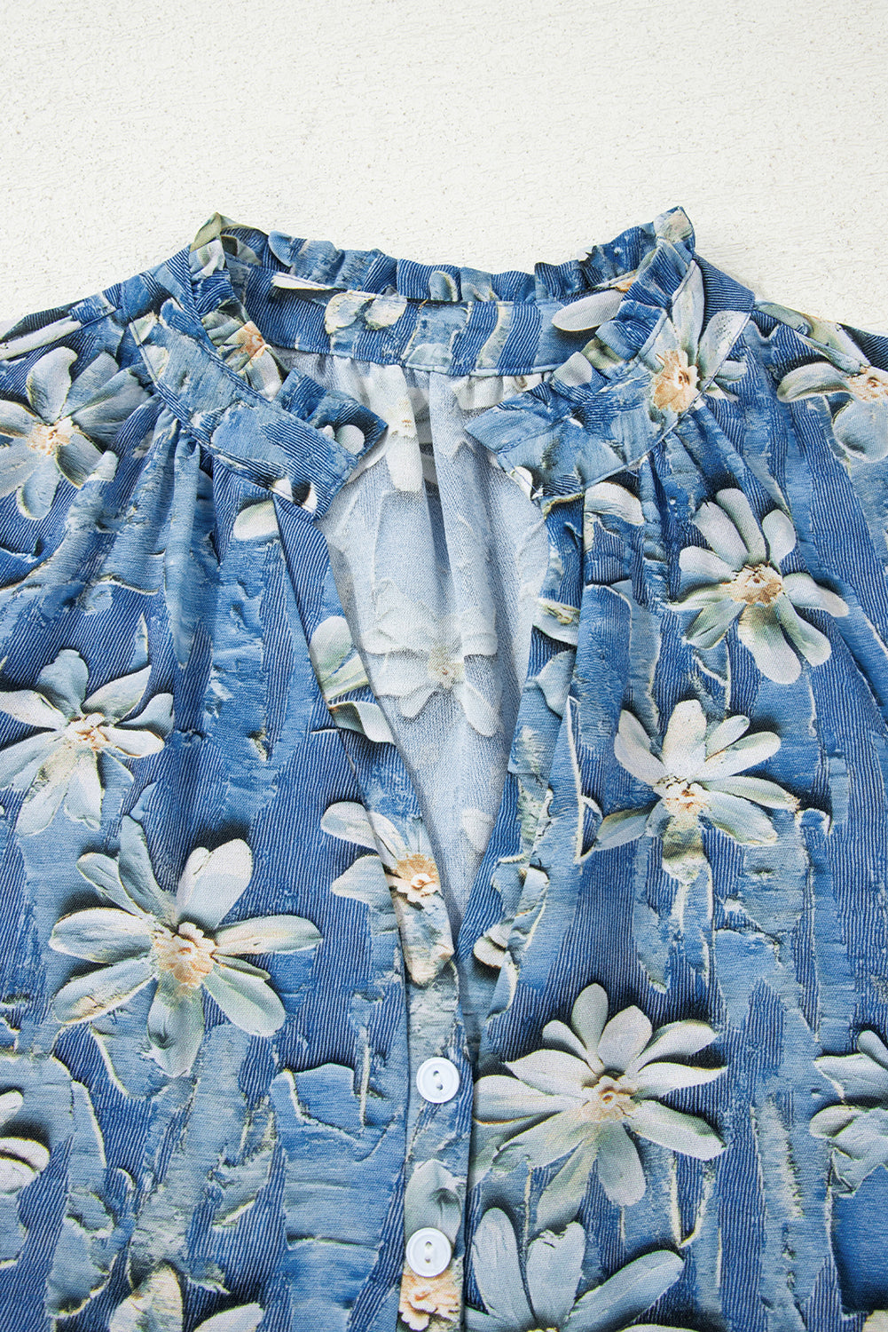 Sky Blue Fall Floral Half Placket Collared V Neck Blouse-Tops/Blouses & Shirts-[Adult]-[Female]-2022 Online Blue Zone Planet