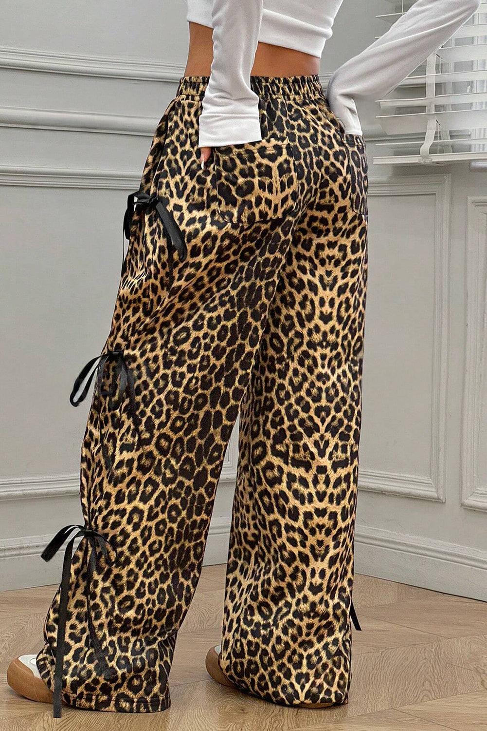 Brown Leopard Print Bow Tie Drawstring Elastic Waist Loose High Waist Pants-Bottoms/Pants & Culotte-[Adult]-[Female]-2022 Online Blue Zone Planet