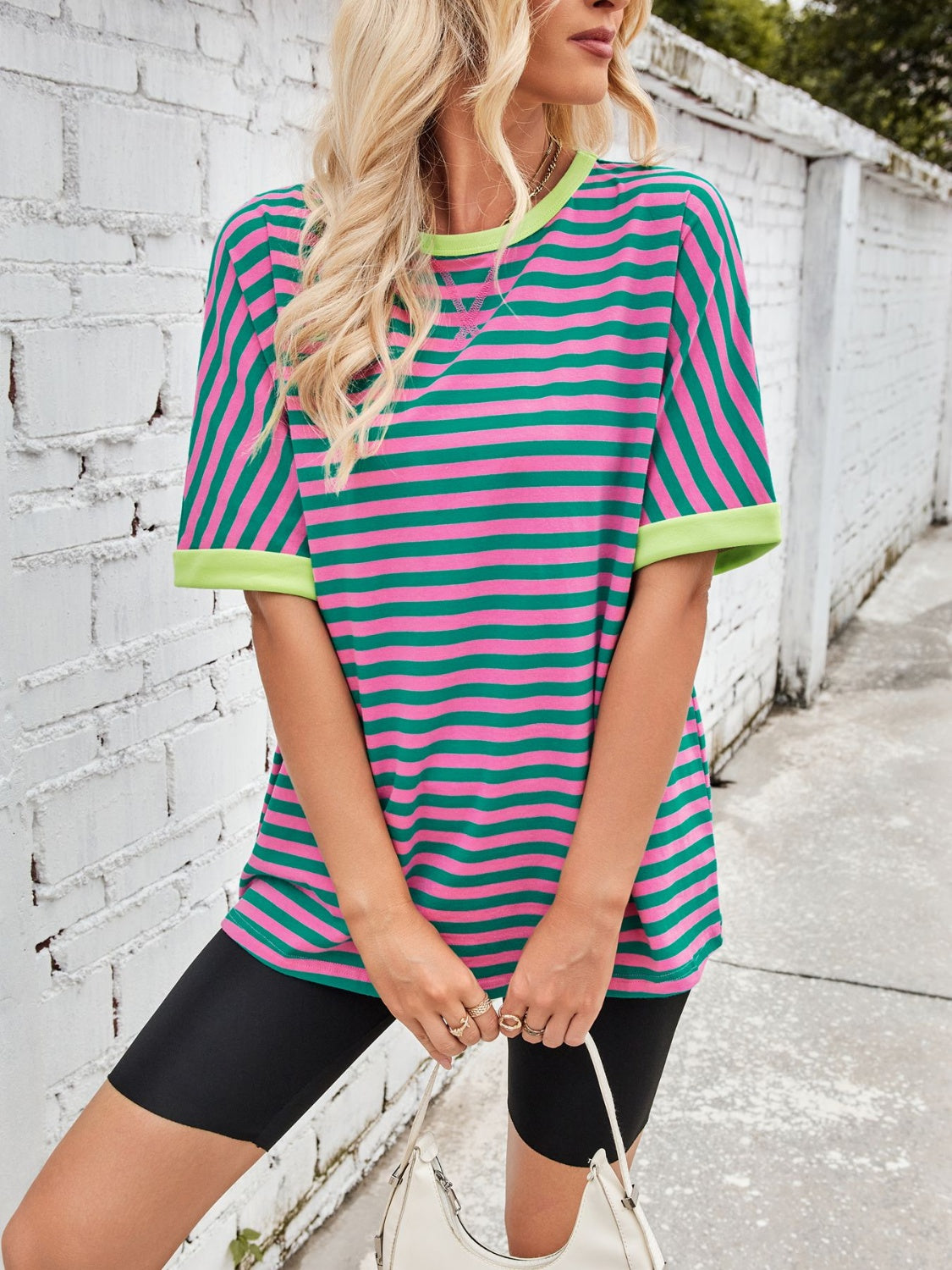 Lovelet Striped Round Neck Half Sleeve T-Shirt-TOPS / DRESSES-[Adult]-[Female]-2022 Online Blue Zone Planet