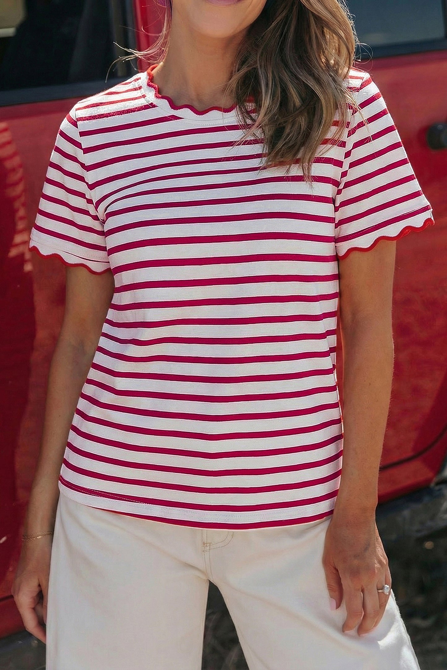 Red Stripe Scalloped Trim Round Neck T Shirt-Tops/Tops & Tees-[Adult]-[Female]-2022 Online Blue Zone Planet