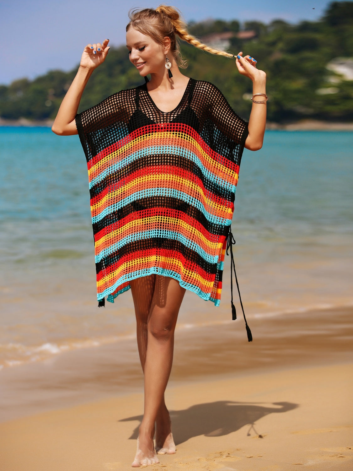 Cutout Striped Cover-Up with Tassel-TOPS / DRESSES-[Adult]-[Female]-2022 Online Blue Zone Planet