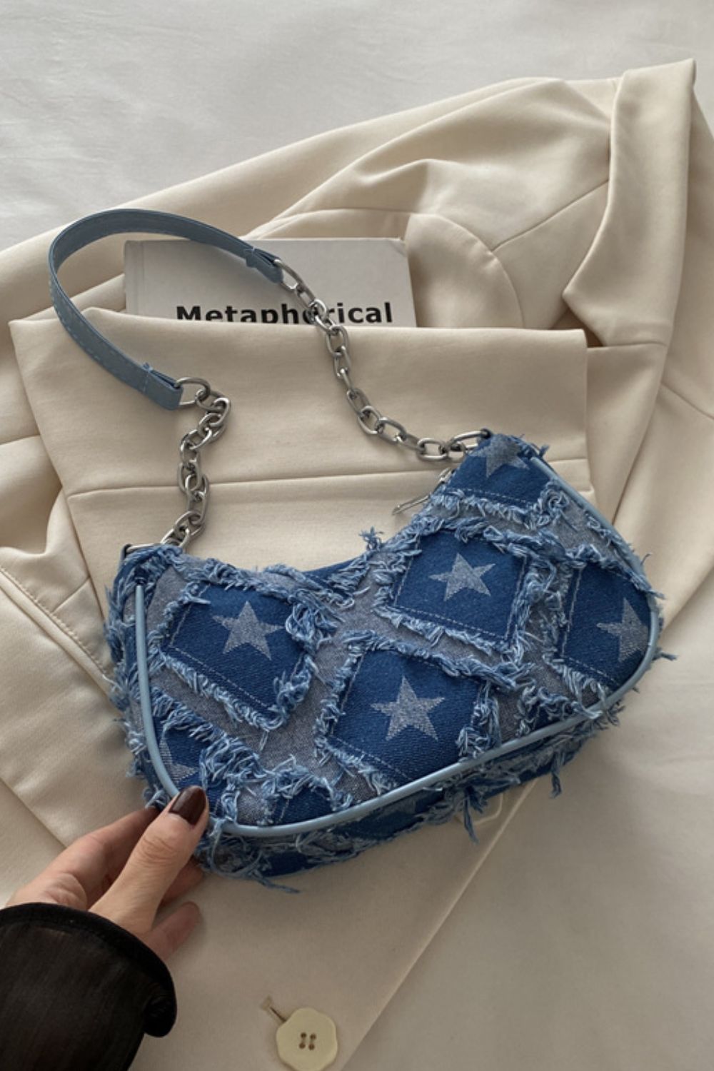 Fringe Star Print Shoulder Bag-HANDBAGS-[Adult]-[Female]-Dusty Blue-One Size-2022 Online Blue Zone Planet