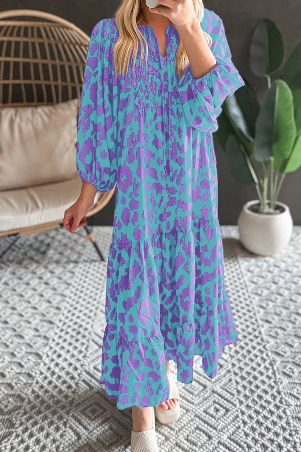 Smocked Printed Tie Neck Long Sleeve Dress-TOPS / DRESSES-[Adult]-[Female]-Cerulean-S-2022 Online Blue Zone Planet