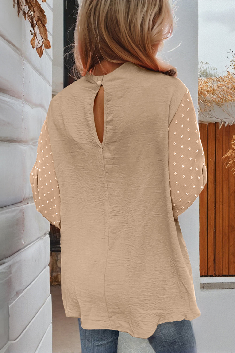 Parchment Swiss Dot Balloon Sleeve Loose Blouse-Tops/Blouses & Shirts-[Adult]-[Female]-2022 Online Blue Zone Planet