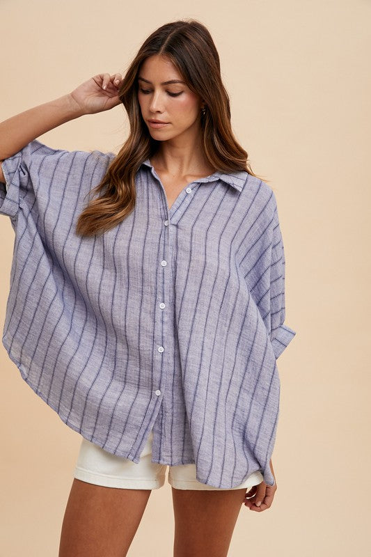 Annie Wear Striped Button Up Half Sleeve Shirt-TOPS / DRESSES-[Adult]-[Female]-Dusty Blue-S-2022 Online Blue Zone Planet