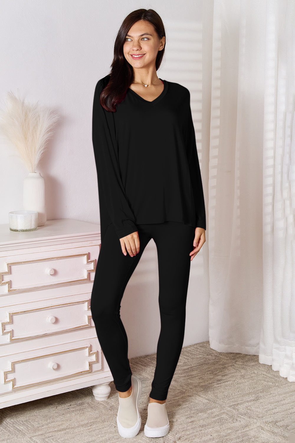 Basic Bae Bamboo Full Size V-Neck Long Sleeve Top and Pants Lounge Set-TOPS / DRESSES-[Adult]-[Female]-Black-S-2022 Online Blue Zone Planet