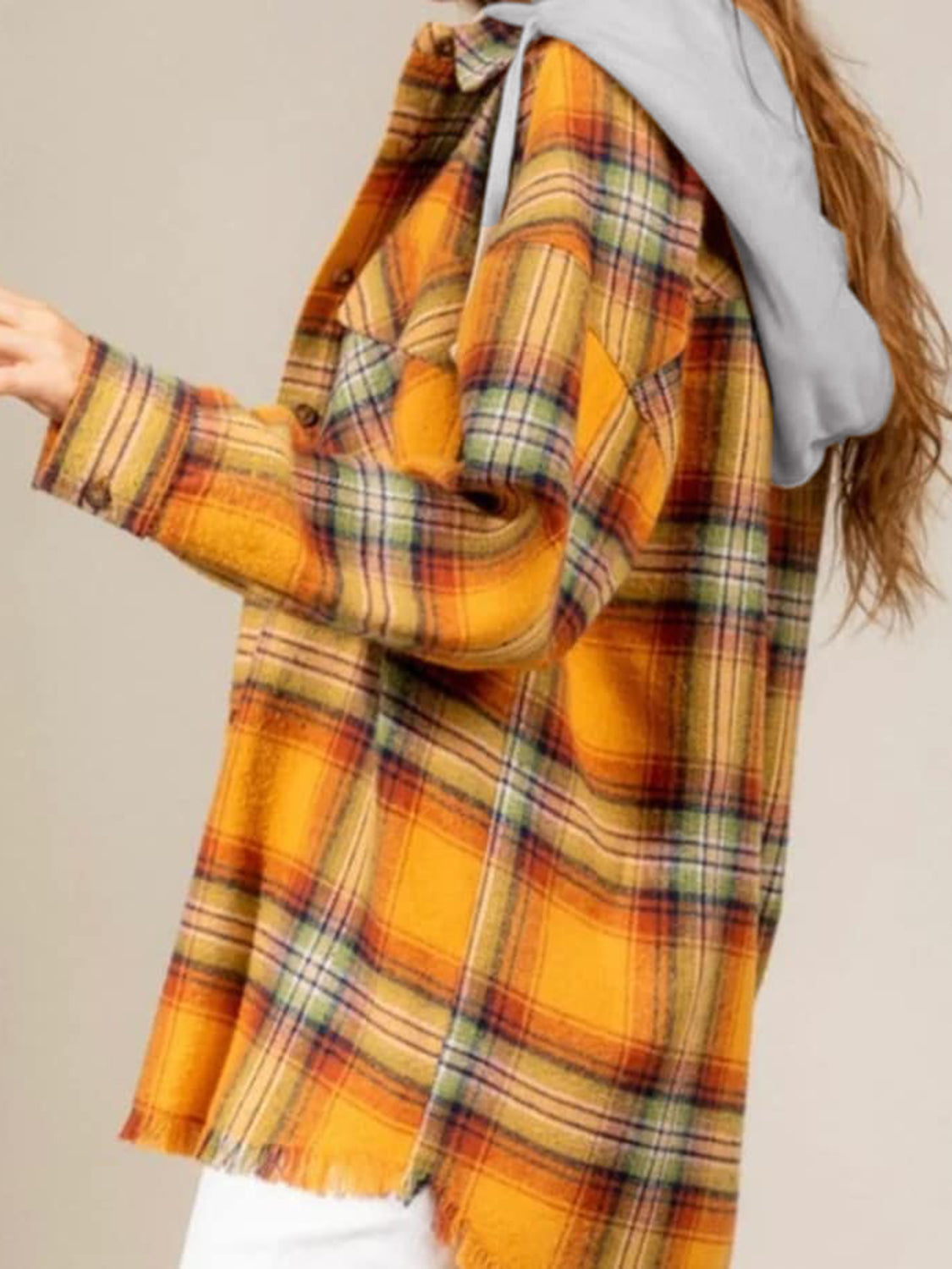 Blue Zone Planet | Raw Hem Plaid Long Sleeve Hooded Jacket-TOPS / DRESSES-[Adult]-[Female]-2022 Online Blue Zone Planet