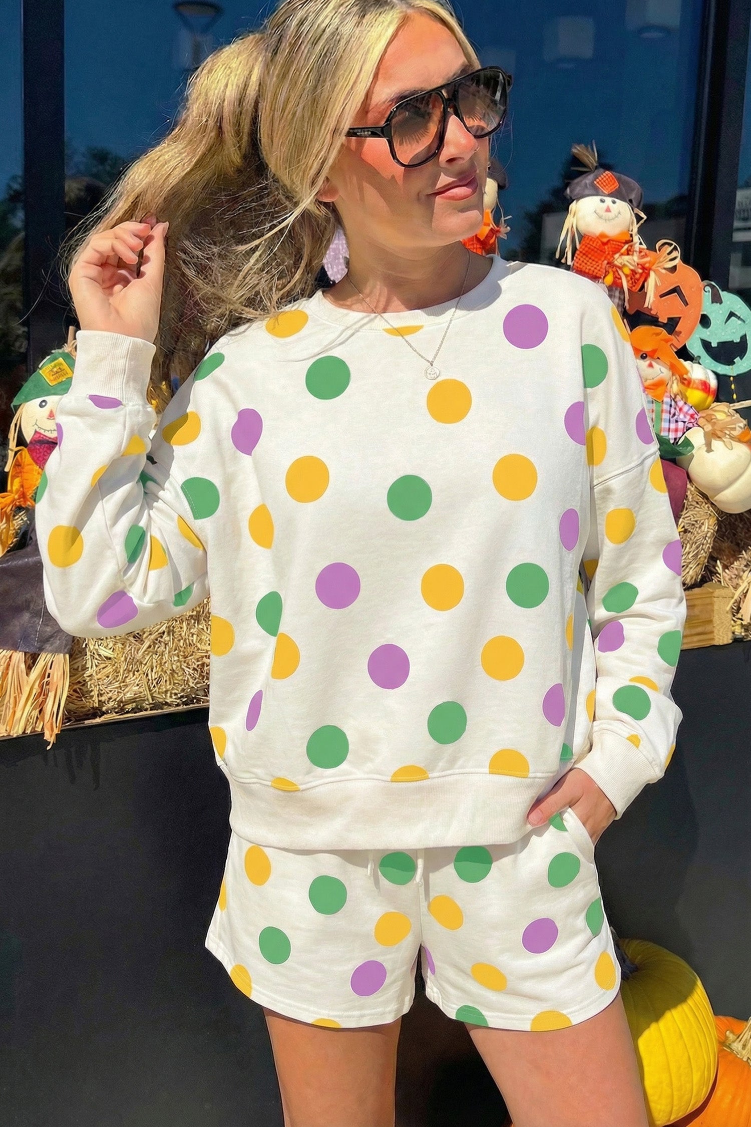 Multicolour Polka Dot Print Drop Shoulder Pullover Drawstring Shorts Set-Two Piece Sets/Short Sets-[Adult]-[Female]-2022 Online Blue Zone Planet