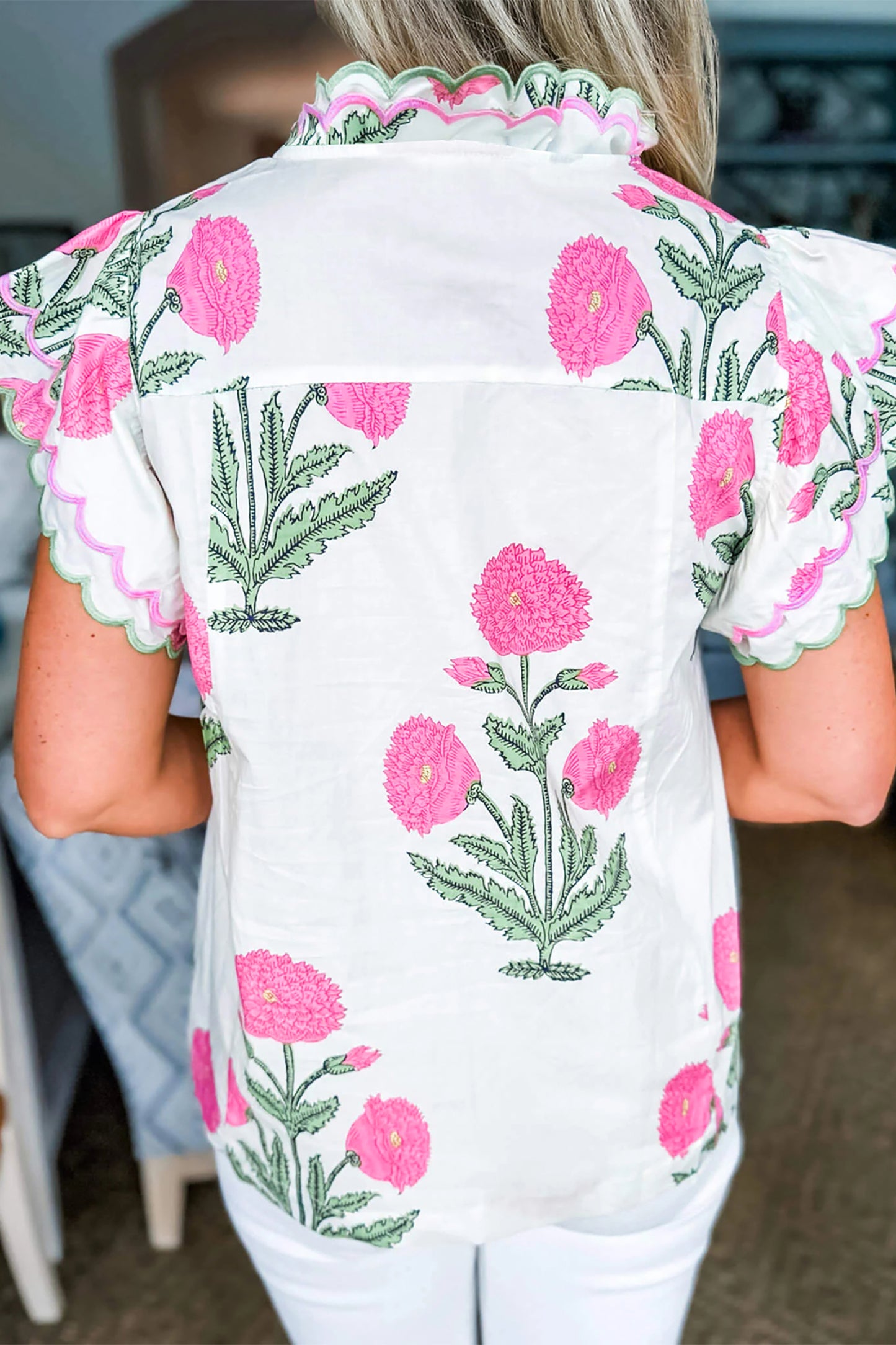 Pink Wild Flower Print Contrast Trim Scallop Detail Short Sleeve Blouse-Tops/Blouses & Shirts-[Adult]-[Female]-2022 Online Blue Zone Planet