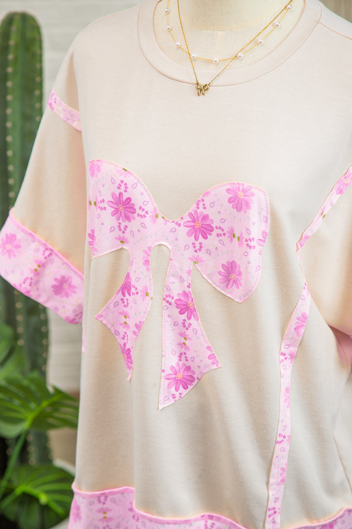Apricot Daisy Floral Bow Contrast Patchwork Loose T Shirt-Tops/Tops & Tees-[Adult]-[Female]-2022 Online Blue Zone Planet