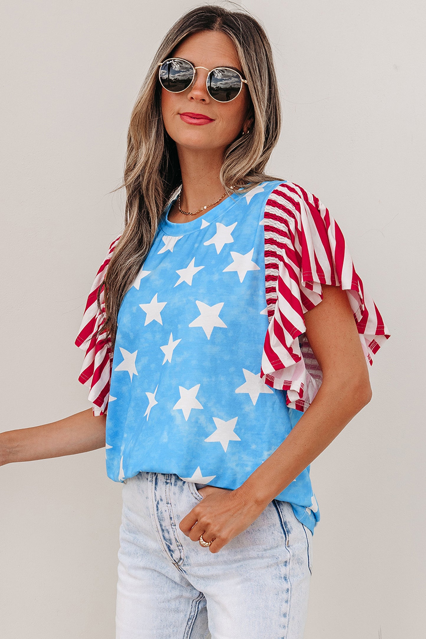 Sky Blue Vintage Star Print Striped Ruffle Sleeve Independence Day Top-Tops/Tops & Tees-[Adult]-[Female]-2022 Online Blue Zone Planet