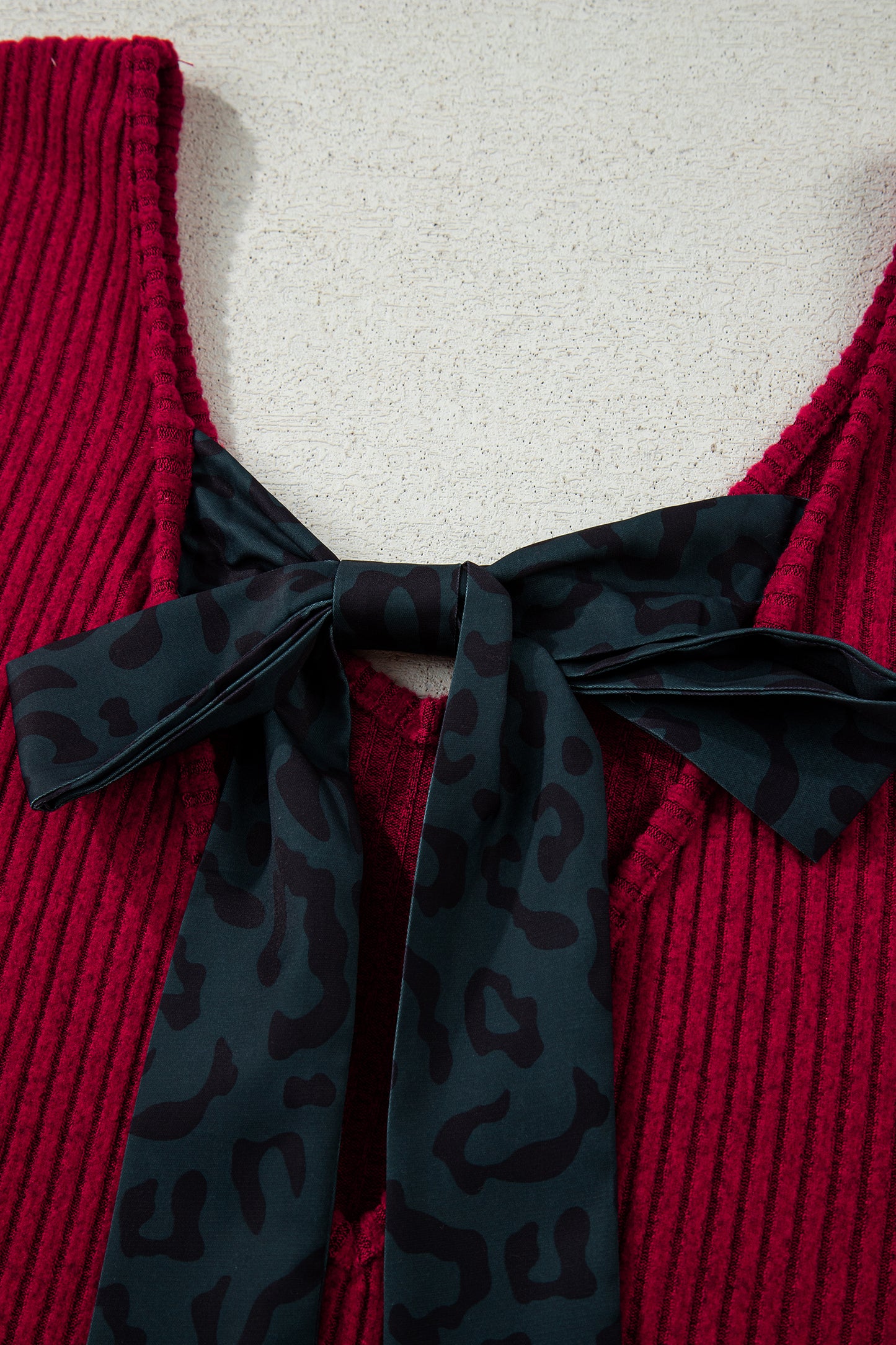 Racing Red Ribbed V Neck Contrast Ribbon Bow Back Drop Shoulder Long Sleeve Top-Tops/Blouses & Shirts-[Adult]-[Female]-2022 Online Blue Zone Planet