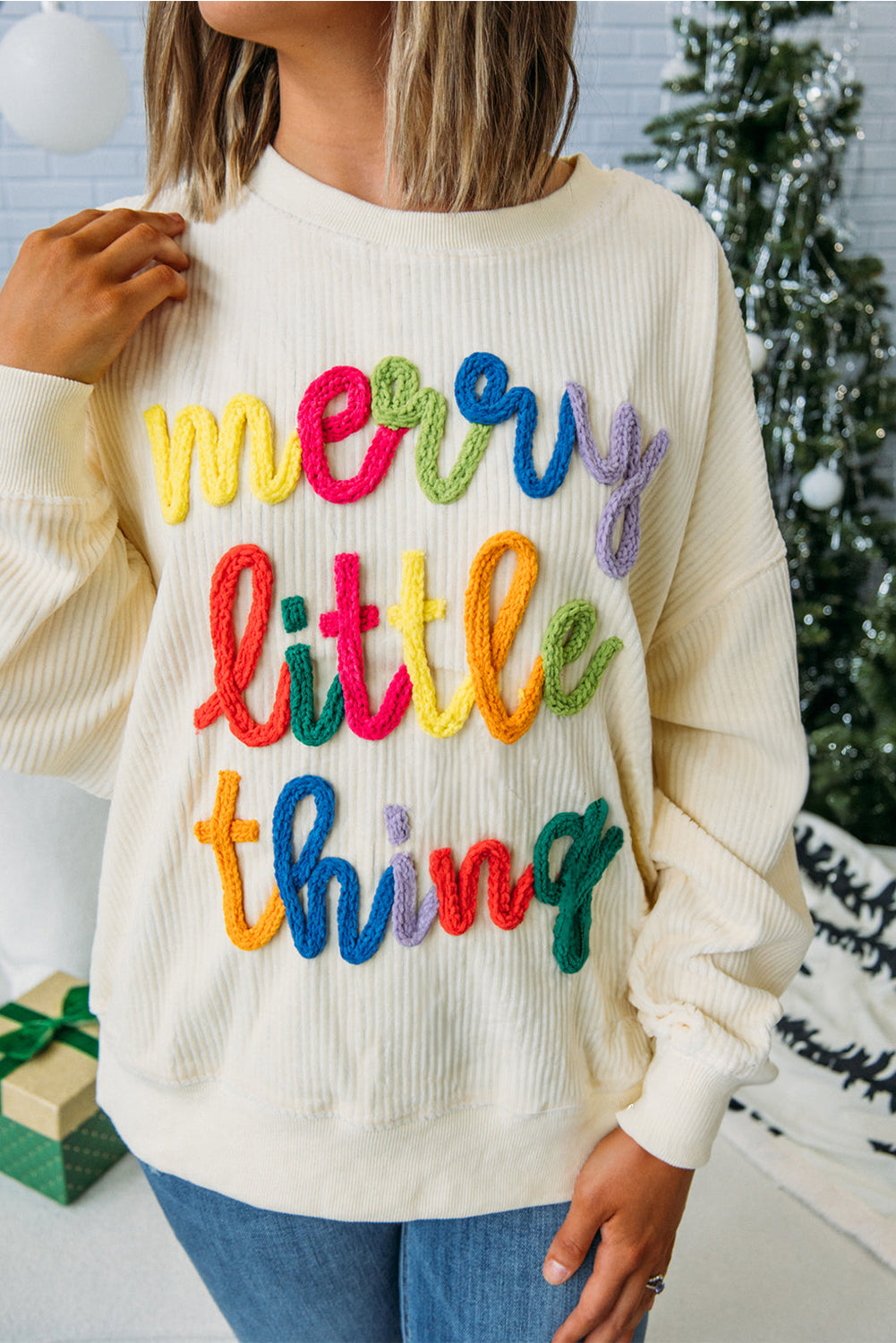 Beige Merry Little Thing Corded Letter Graphic Ribbed Loose Sweatshirt-Tops/Sweatshirts & Hoodies-[Adult]-[Female]-2022 Online Blue Zone Planet