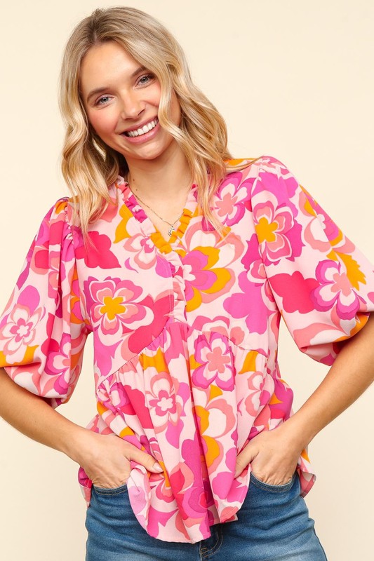 Haptics Full Size Frill Floral Puff Sleeve Blouse-TOPS / DRESSES-[Adult]-[Female]-2022 Online Blue Zone Planet