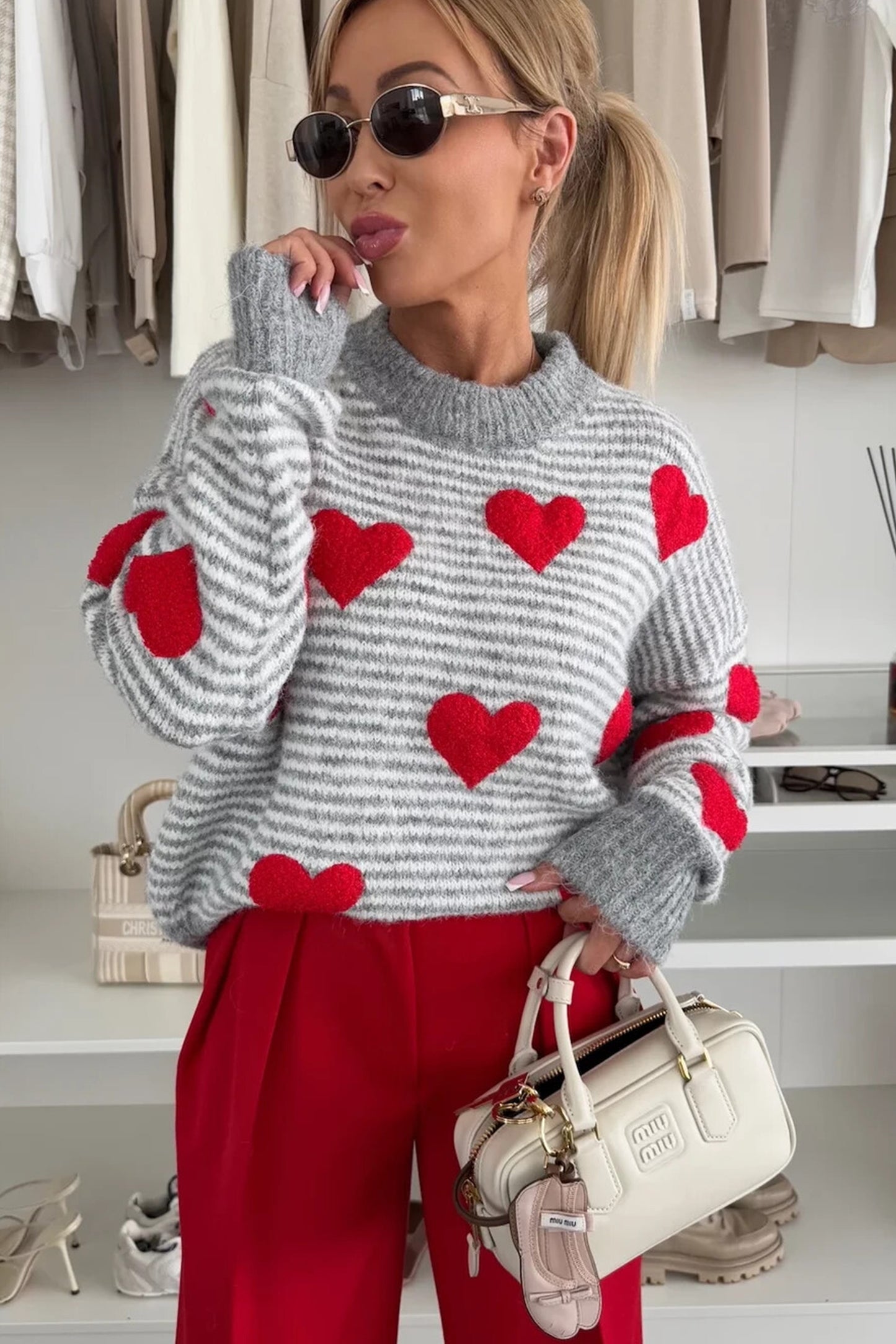Gray Stripe Contrast Heart Pattern Brushed Knit Sweater-TOPS / DRESSES-[Adult]-[Female]-2022 Online Blue Zone Planet