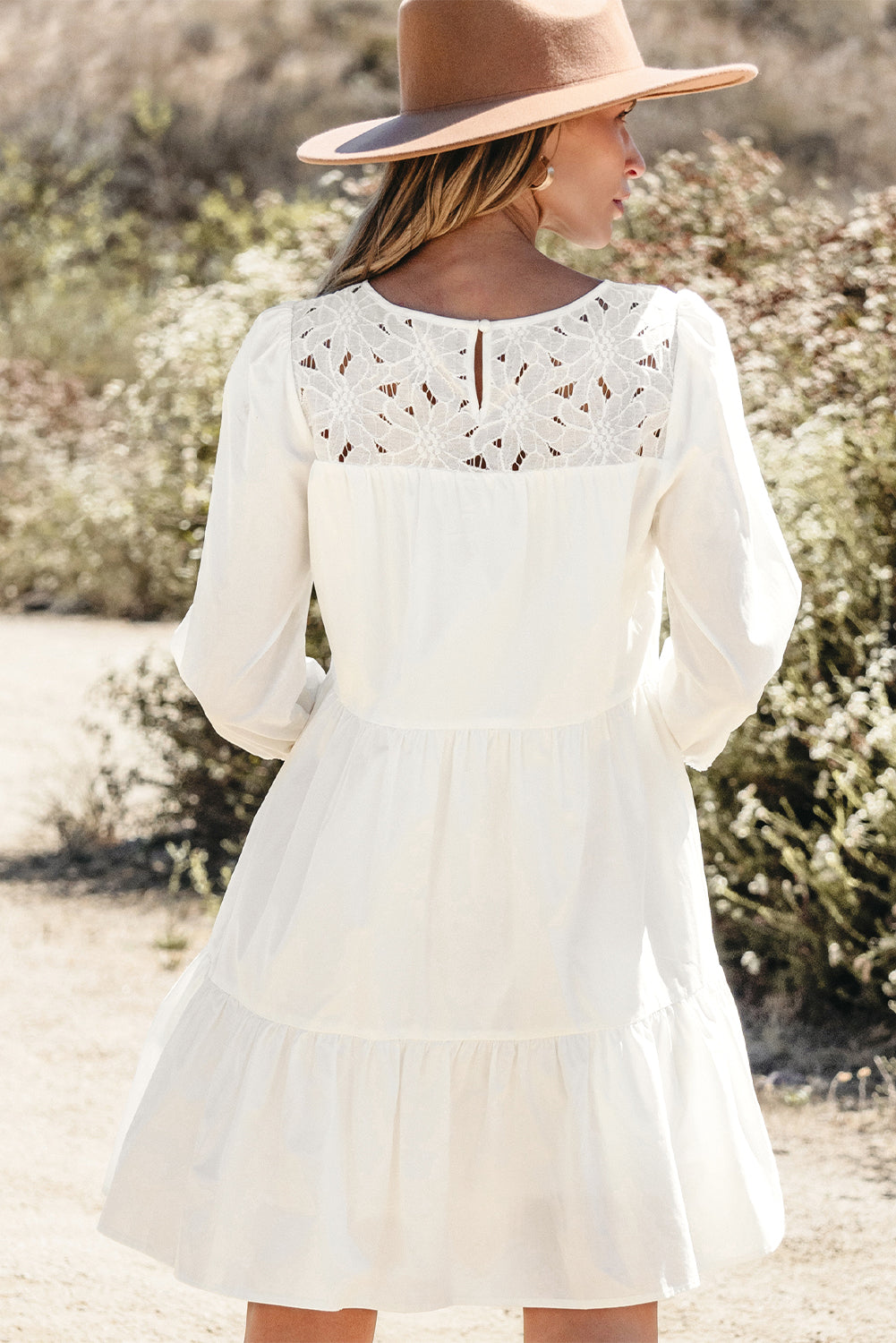 White Floral Lace Patchwork Bracelet Sleeve Tiered Mini Dress - Blue Blue Zone Planet White Floral Lace Patchwork Bracelet Sleeve Tiered Mini Dress - Blue Blue Zone Planet