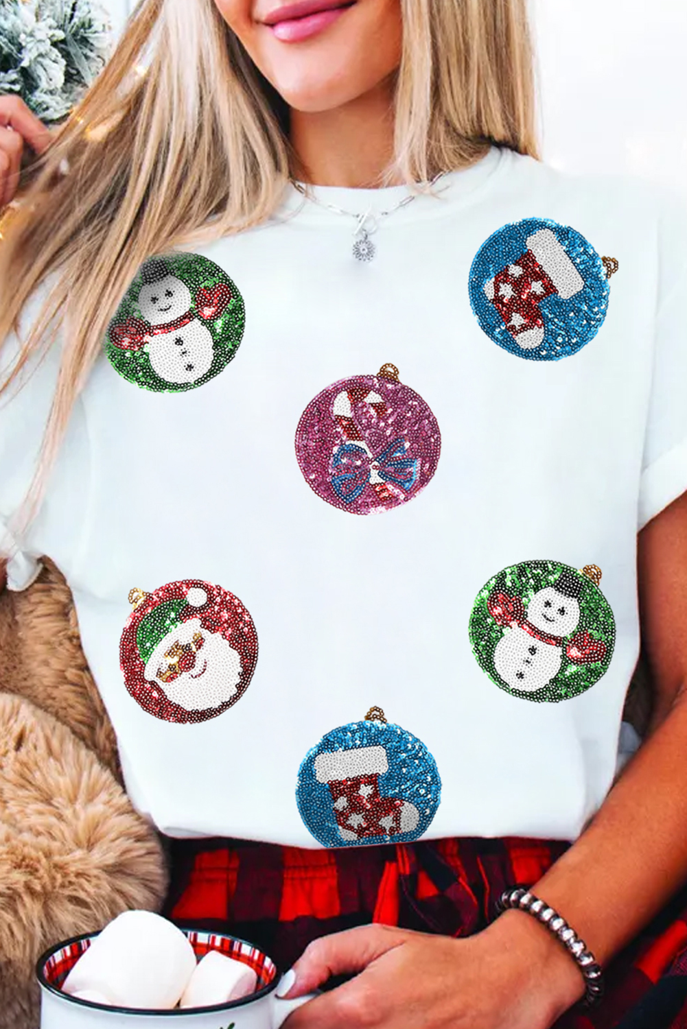 White Sequin Patterned Christmas Light Patch Round Neck Tee-Graphic Tees-[Adult]-[Female]-2022 Online Blue Zone Planet