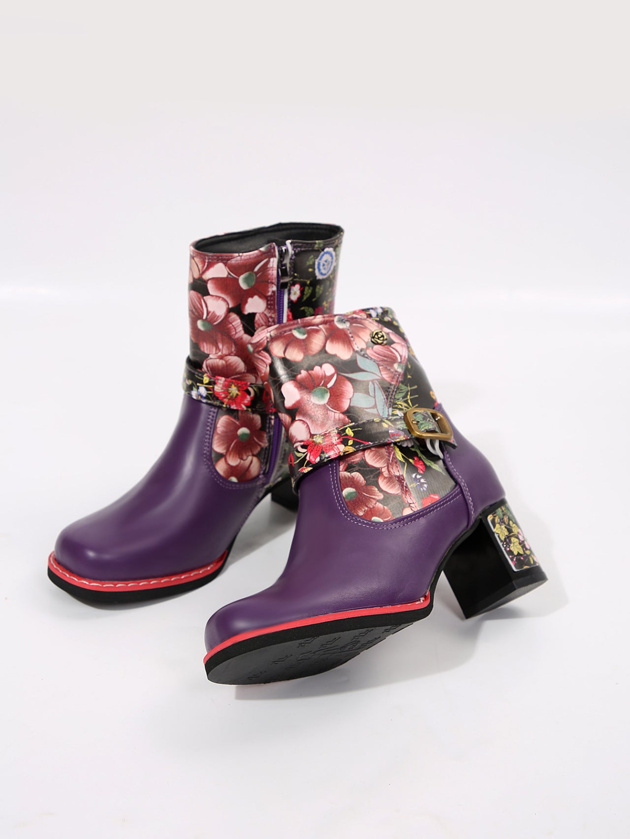 PU Leather Flower Block Heel Boots-SHOES-[Adult]-[Female]-2022 Online Blue Zone Planet