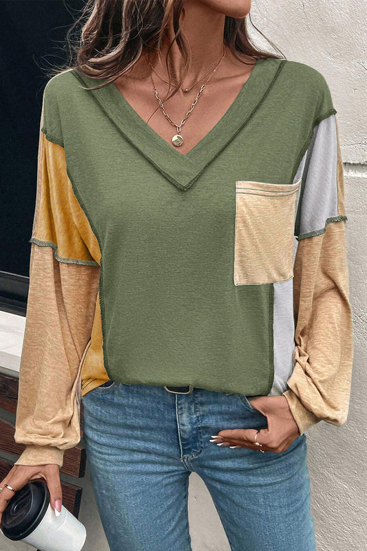 Jungle Green Exposed Stitching Colorblock V Neck Long Sleeve Top-Tops/Long Sleeve Tops-[Adult]-[Female]-Jungle Green-S-2022 Online Blue Zone Planet