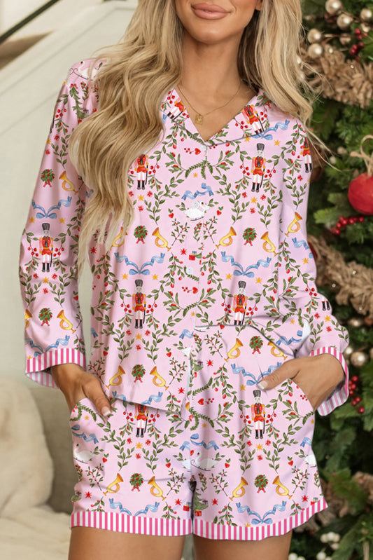 Pink Christmas Nutcracker Pattern Striped Hem Pajama Set-Loungewear Set-[Adult]-[Female]-Pink-L-2022 Online Blue Zone Planet