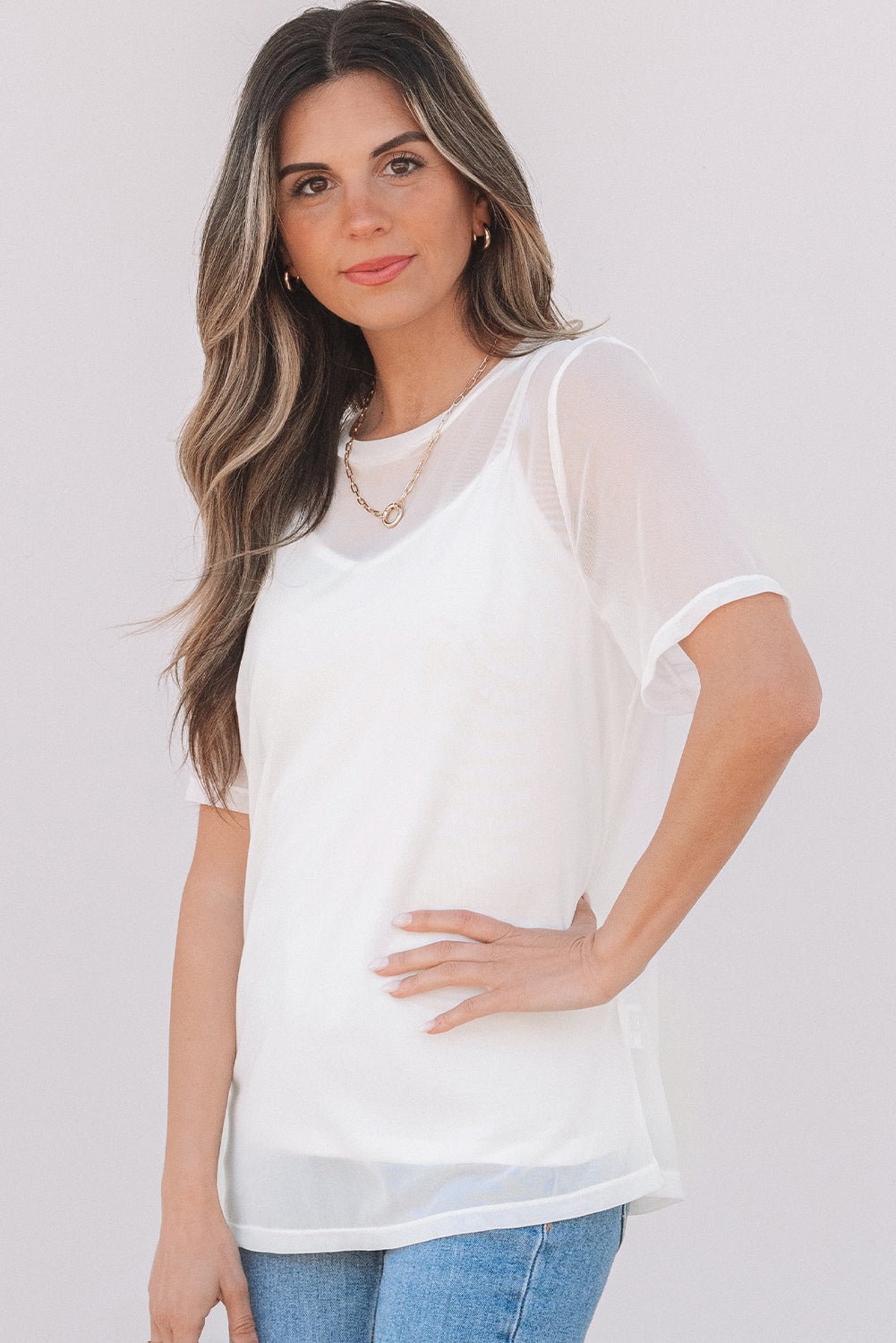 White Solid Color Sheer Mesh Patchwork Short Sleeve Top-Tops/Tops & Tees-[Adult]-[Female]-2022 Online Blue Zone Planet