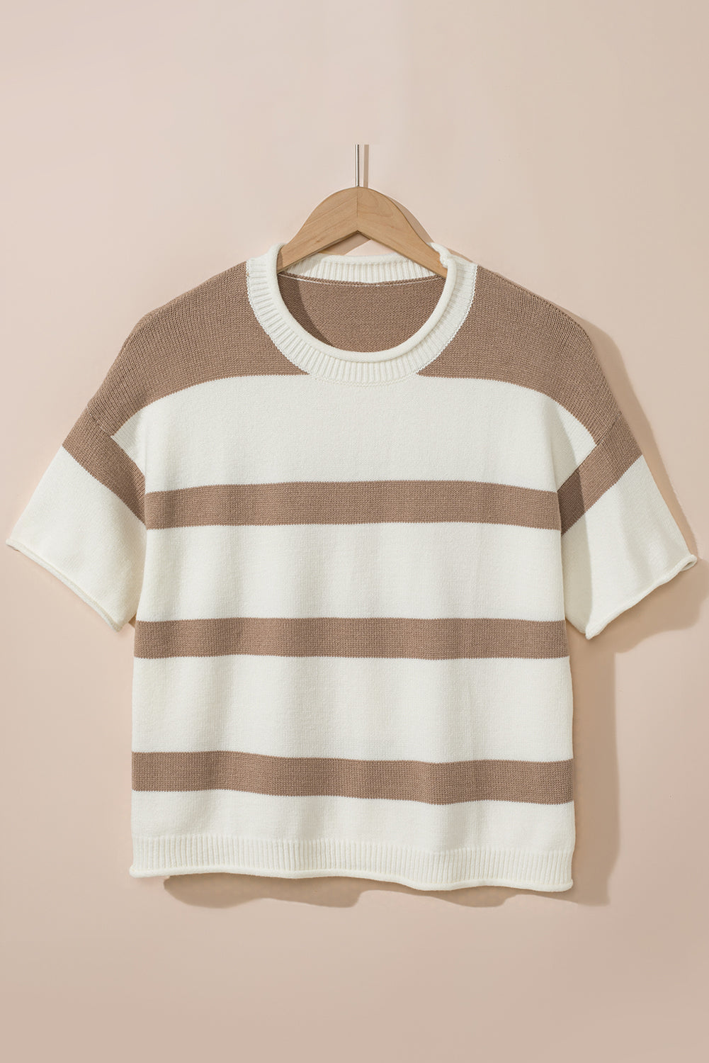 Khaki Stripe Dropped Short Sleeve Lightweight Knitted Top-Tops/Short Sleeve Sweaters-[Adult]-[Female]-2022 Online Blue Zone Planet