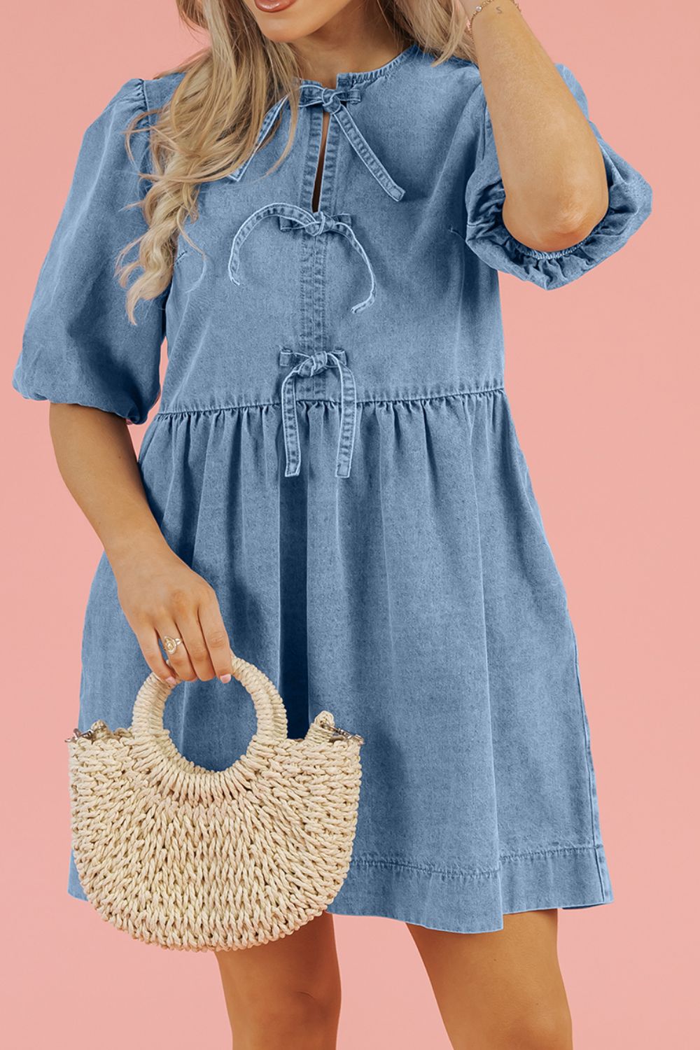 Bowknot Round Neck Half Sleeve Denim Dress-TOPS / DRESSES-[Adult]-[Female]-2022 Online Blue Zone Planet