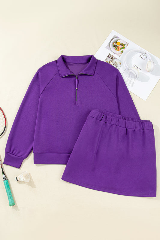 Wisteria Collar Half Zip Pullover Mini Skirt Plus Size 2pcs Set-Plus Size/Plus Size Loungewear-[Adult]-[Female]-2022 Online Blue Zone Planet