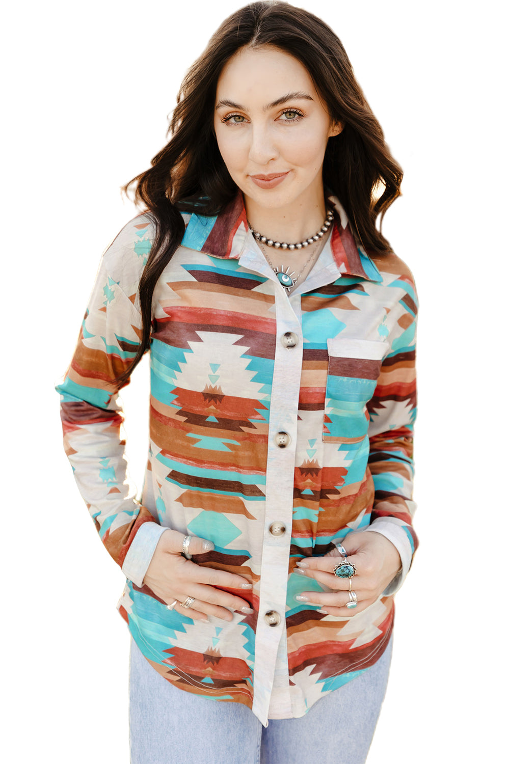 Multicolor Aztec Print Buttoned Pocket Chest Long Sleeve Shirt-Tops/Blouses & Shirts-[Adult]-[Female]-2022 Online Blue Zone Planet