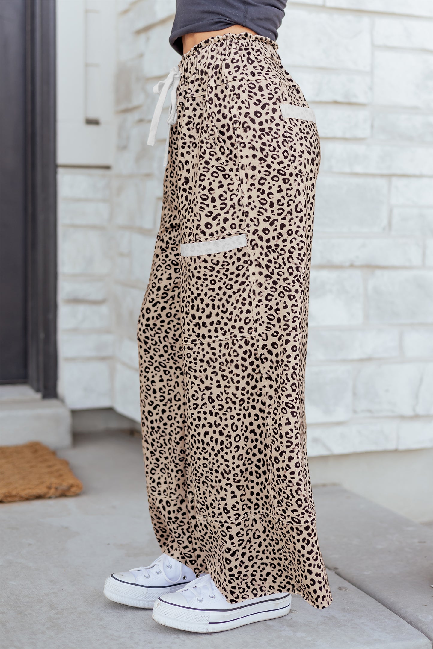 Khaki Animal Print Wide Leg Terry Knit Pants-Bottoms/Pants & Culotte-[Adult]-[Female]-2022 Online Blue Zone Planet