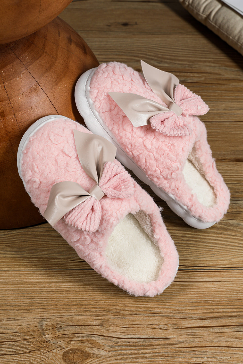 Blue Zone Planet | Pink Contrast Bowknot Applique Plush Winter Slippers-SHOES-[Adult]-[Female]-2022 Online Blue Zone Planet