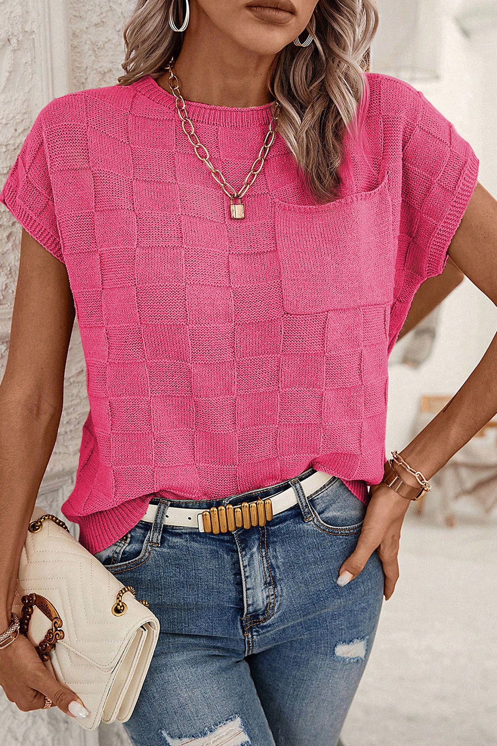 Bright Pink Lattice Textured Knit Short Sleeve Sweater-Sweaters & Cardigans/Short Sleeve Sweaters-[Adult]-[Female]-2022 Online Blue Zone Planet