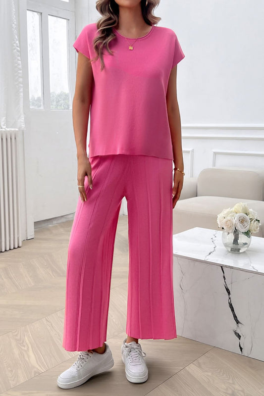 Devine Round Neck Short Sleeve Top and Pants Set-TOPS / DRESSES-[Adult]-[Female]-Hot Pink-S-2022 Online Blue Zone Planet