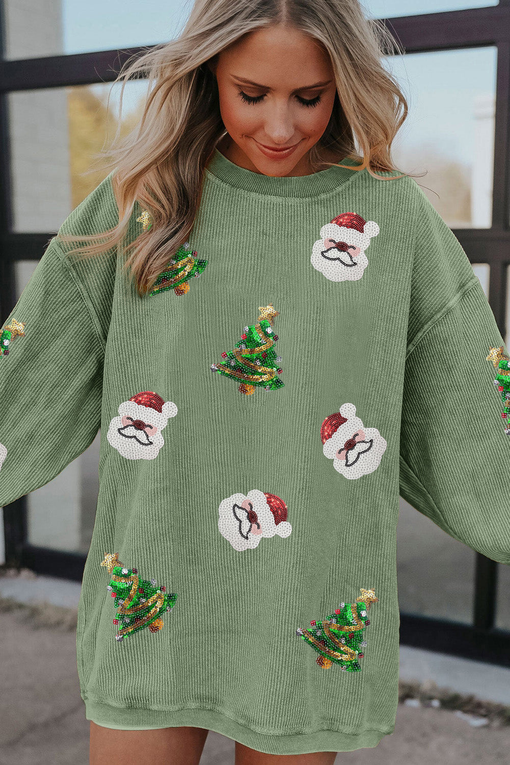 Grass Green Sequin Santa Clause Christmas Tree Patchwork Corded Sweatshirt-Graphic Sweatshirts-[Adult]-[Female]-2022 Online Blue Zone Planet