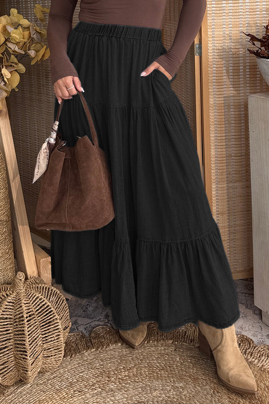 Black Elastic Waist Ruffled Tiered Flared Denim Maxi Skirt-Bottoms/Skirts & Petticoat-[Adult]-[Female]-Black-S-2022 Online Blue Zone Planet