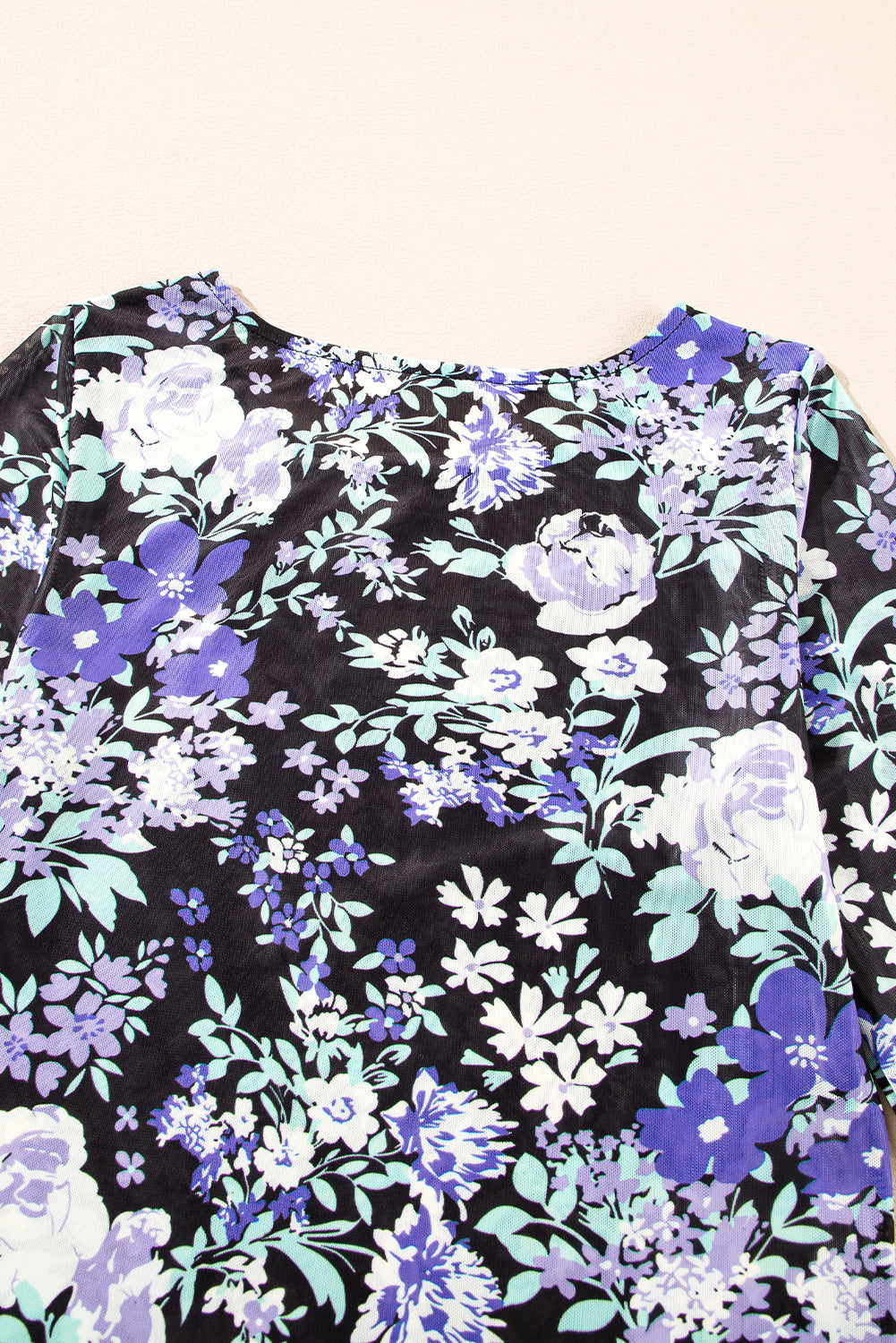 Blue Zone Planet | Black Floral Print Mesh Fitted Long Sleeve Top-Tops/Long Sleeve Tops-[Adult]-[Female]-2022 Online Blue Zone Planet